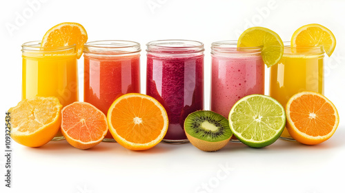 Photo Five Vibrant Fruit Smoothies Orange Grapefruit Lime Kiwi