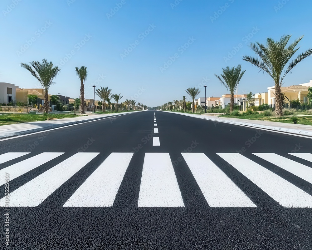 Obraz premium Asphalt road in a residential area with speed bumps and zebra crossings, residential road, neighborhood safety