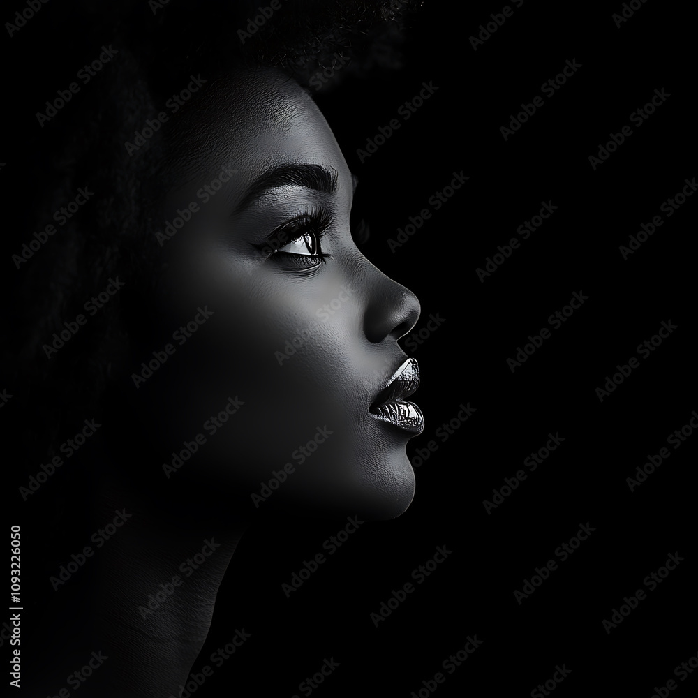 striking profile of beautiful black woman against dark background, showcasing her elegant features and captivating expression. contrast highlights her unique beauty and strength striking profile of beautiful black woman against dark background, showcasing her elegant features and captivating expression. contrast highlights her unique beauty and strength