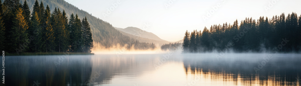 A serene lake surrounded by misty mountains and lush forests, reflecting the soft morning light in a tranquil landscape. A serene lake surrounded by misty mountains and lush forests, reflecting the soft morning light in a tranquil landscape.