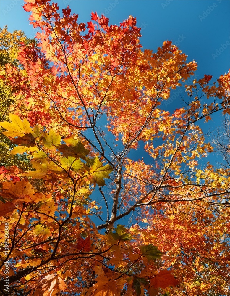 Vibrant autumn leaves against a clear blue sky. Vibrant autumn leaves against a clear blue sky.