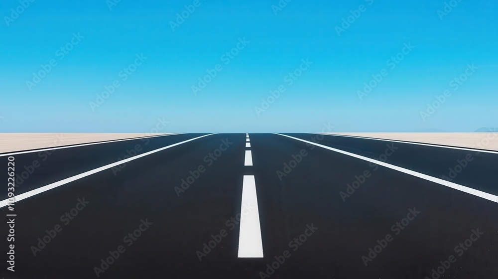 Freshly paved asphalt road with crisp white lane markings, stretching into the horizon, newly paved road, modern infrastructure Freshly paved asphalt road with crisp white lane markings, stretching into the horizon, newly paved road, modern infrastructure