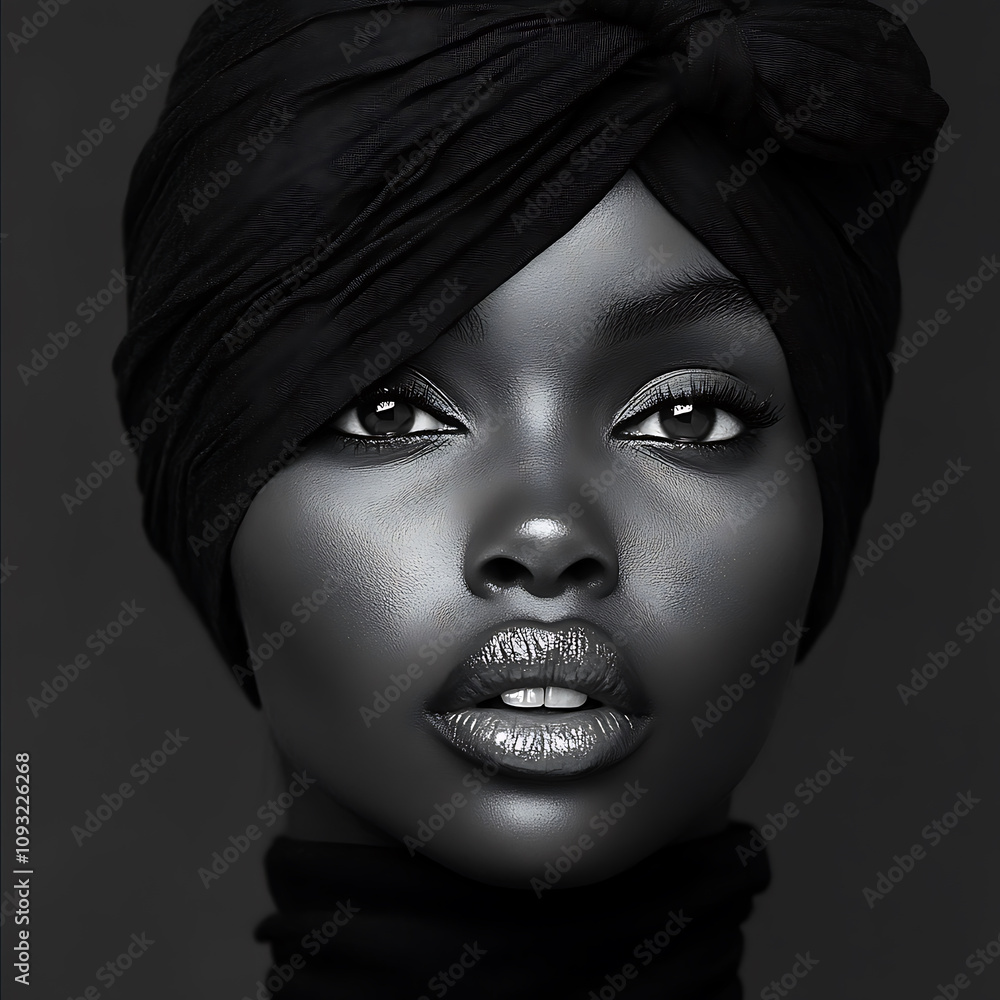 striking black and white portrait of beautiful black woman, showcasing her captivating features and expressive eyes. image highlights her elegance and strength striking black and white portrait of beautiful black woman, showcasing her captivating features and expressive eyes. image highlights her elegance and strength