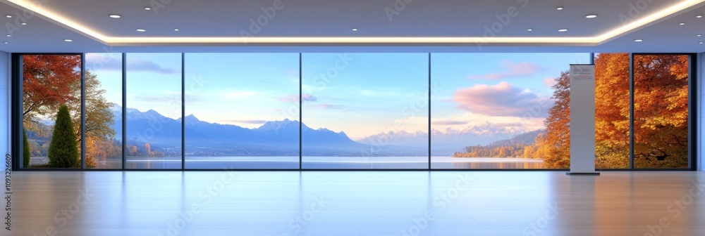 Fototapeta premium Breathtaking panoramic view of a serene lake and mountain range from a modern, minimalist room. The autumn foliage adds warmth to the scene.