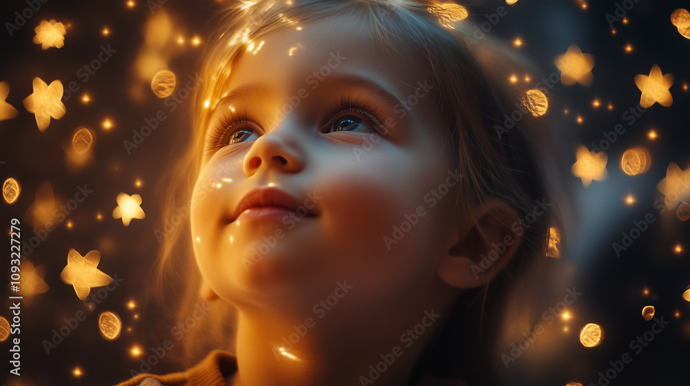 The girl smiles and looks up, with decorative holiday stars glowing in the background. The girl smiles and looks up, with decorative holiday stars glowing in the background.