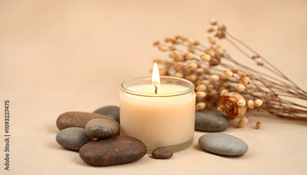 Vanilla burning candle on beige background. Warm aesthetic composition with stones and dry flowers. Home comfort, spa, relax and wellness concept. Interior decoration isolated with white highlights, Vanilla burning candle on beige background. Warm aesthetic composition with stones and dry flowers. Home comfort, spa, relax and wellness concept. Interior decoration isolated with white highlights,