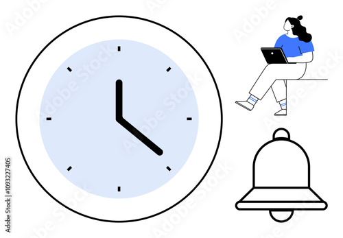 Clock with black hands, notification bell, and woman working on laptop suggest productivity and planning. Ideal for time management, deadlines, productivity, digital workspace, reminders, scheduling