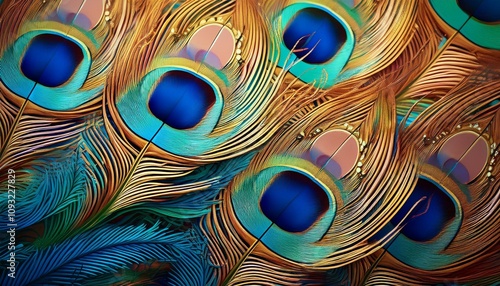 Close-up of iridescent peacock feathers, showcasing intricate details and vibrant colors.
