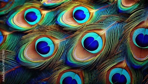 Vibrant peacock feathers in a close-up shot showcasing their iridescent beauty.