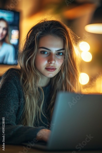 A professional woman working from home, using a laptop with multiple virtual meeting