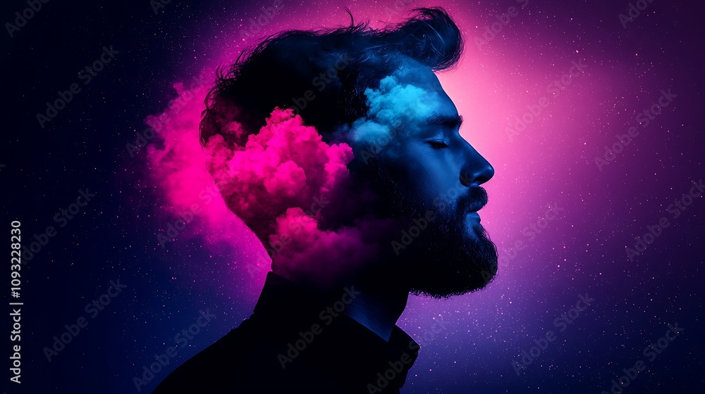 An Ethereal Composition of a Man's Silhouette Against a Dreamlike Background of Vibrant Colors and Fluid Cloud Forms An Ethereal Composition of a Man's Silhouette Against a Dreamlike Background of Vibrant Colors and Fluid Cloud Forms