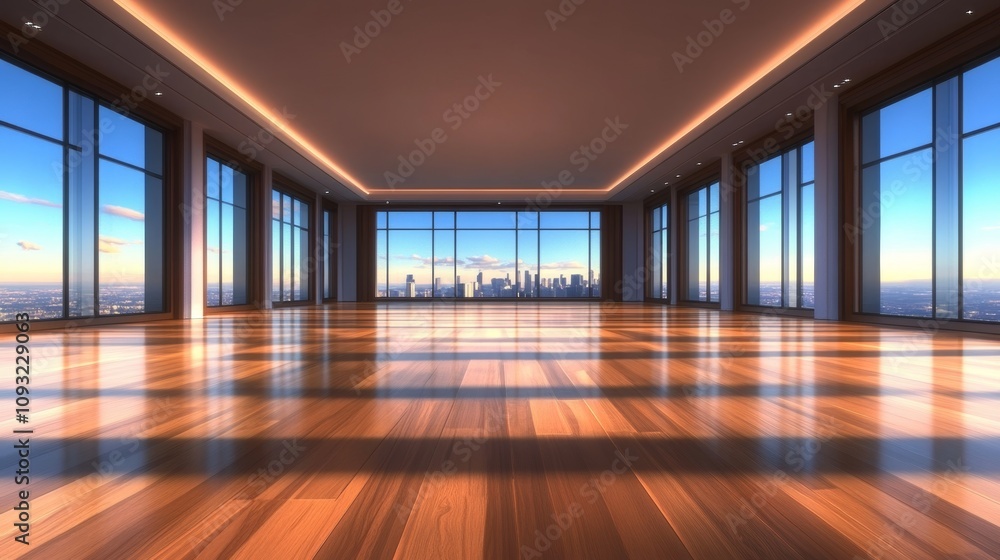 Vast empty room with panoramic city views at sunset. Hardwood floors gleam under the warm light. Perfect for corporate events or luxury living. Vast empty room with panoramic city views at sunset. Hardwood floors gleam under the warm light. Perfect for corporate events or luxury living.