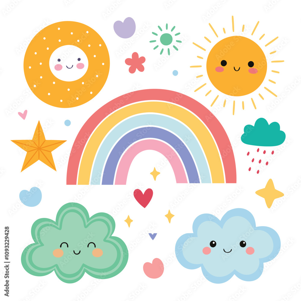 Illustration of a colorful rainbow with nature elements Illustration of a colorful rainbow with nature elements