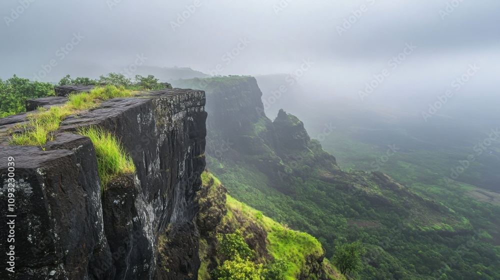 Naklejka premium Majestic Mountain Landscape with Lush Greenery, Dramatic Cliffs, and Mystical Fog Capturing the Beauty of Nature in a Serene Atmosphere