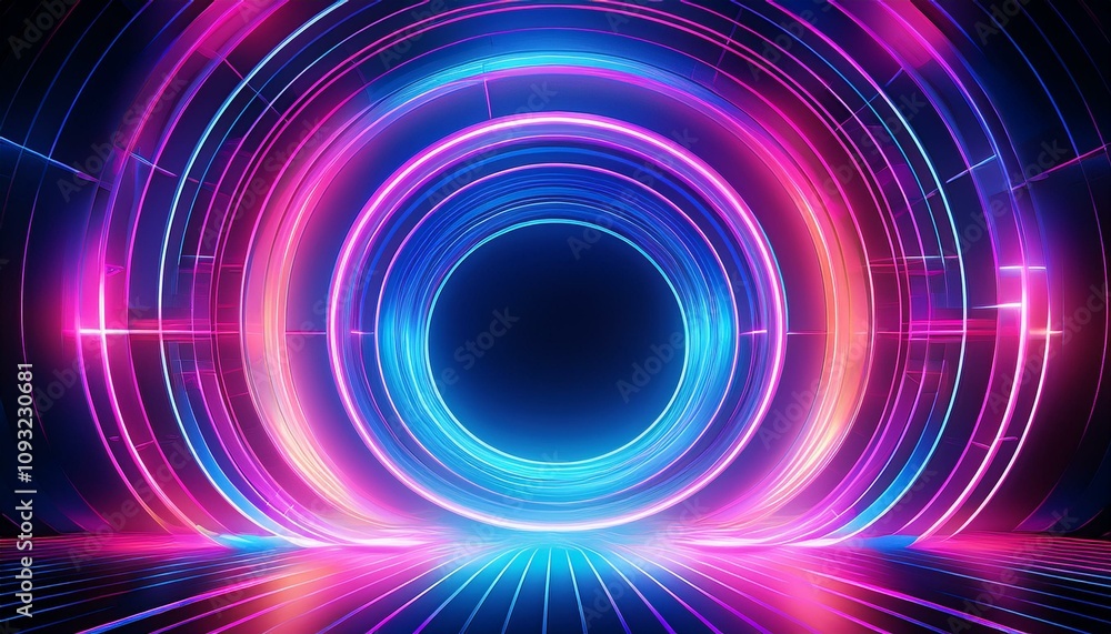 Vibrant neon circles create a futuristic, energetic atmosphere. Vibrant neon circles create a futuristic, energetic atmosphere.
