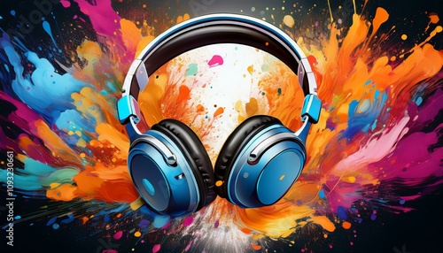Vibrant headphones against a colorful abstract background.