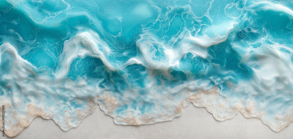 Turquoise Ocean Waves Gently Breaking on a Soft Sandy Shore Under Bright Sunlight, Creating a Beautiful Coastal Landscape with Foam and Serenity Turquoise Ocean Waves Gently Breaking on a Soft Sandy Shore Under Bright Sunlight, Creating a Beautiful Coastal Landscape with Foam and Serenity