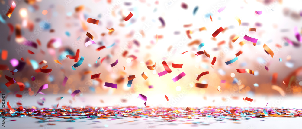 Fototapeta premium Celebration confetti falling party venue event decoration festive atmosphere background