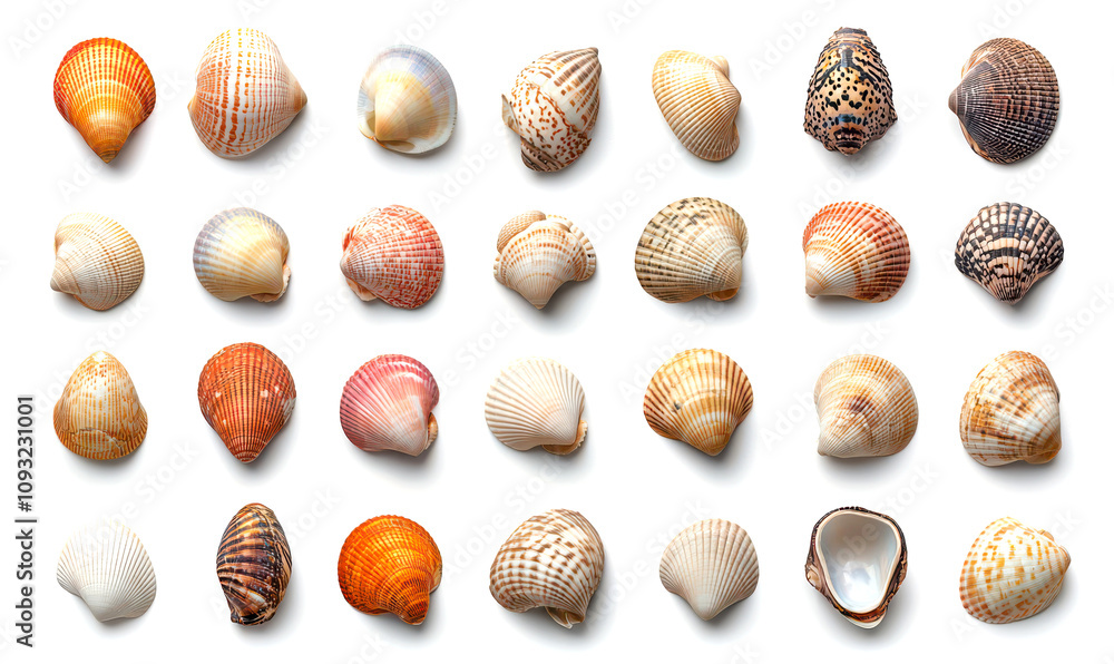 Diverse seashell collection coastal region macro photography isolate on white background Diverse seashell collection coastal region macro photography isolate on white background