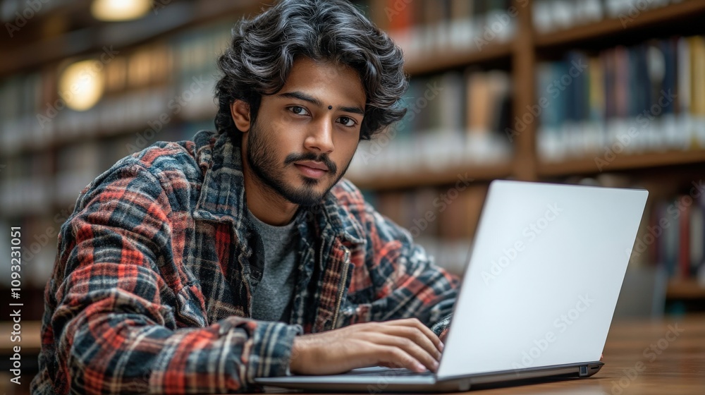 A young man studying at a laptop in a library, focused on his work. A young man studying at a laptop in a library, focused on his work.