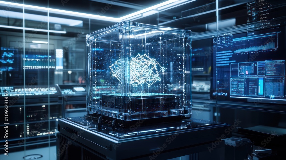 A futuristic laboratory with a transparent cube displaying a glowing structure. A futuristic laboratory with a transparent cube displaying a glowing structure.