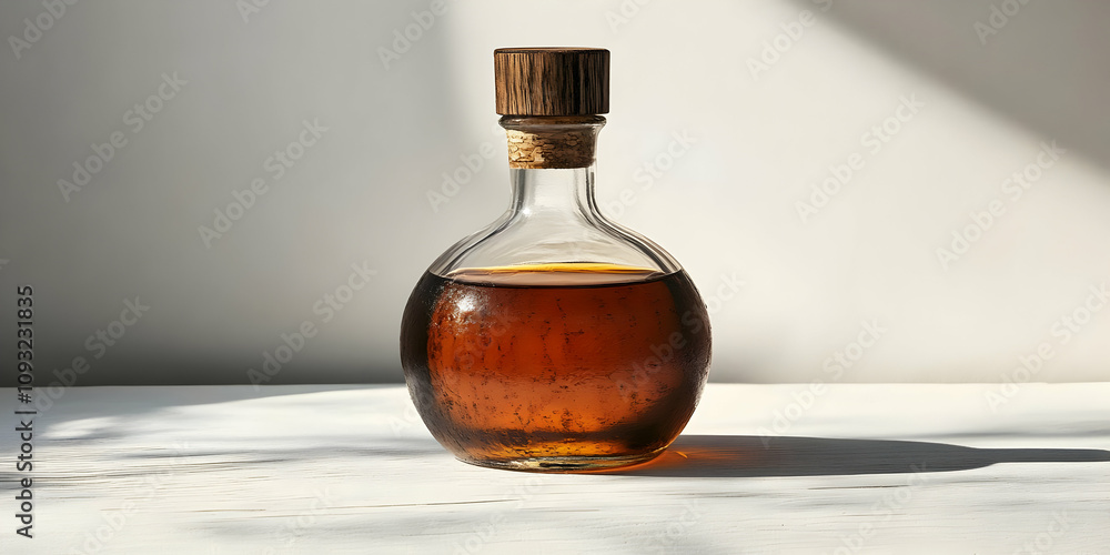 Photo - Glass Bottle with Brown Liquid and Wooden Cap on White Table Photo - Glass Bottle with Brown Liquid and Wooden Cap on White Table