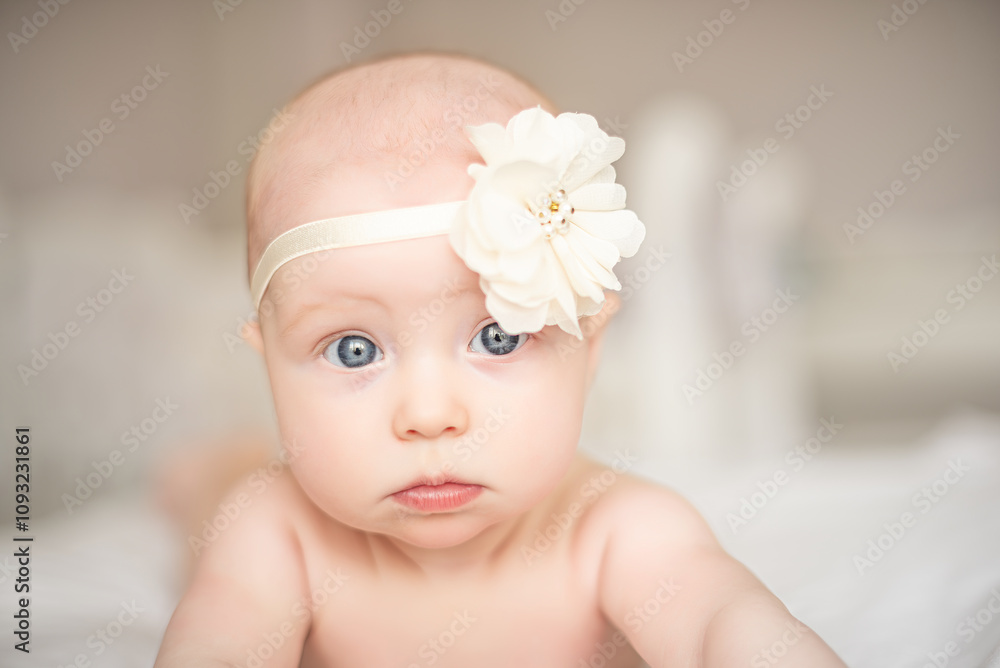 Baby girl with blue eyes close-up.