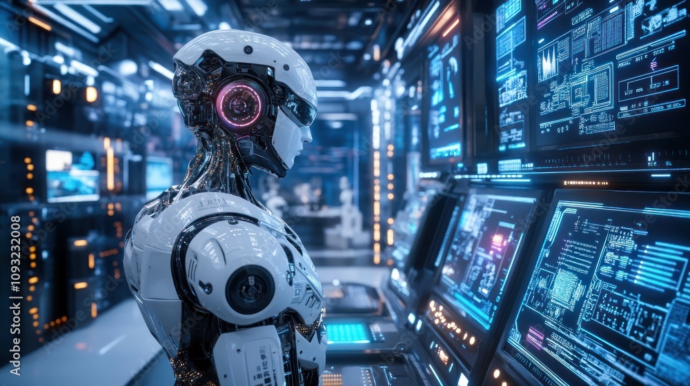 Fototapeta premium A humanoid robot interacts with advanced technology in a futuristic control room.