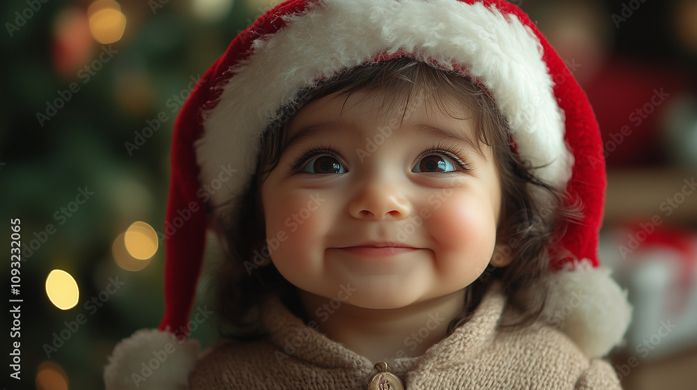 Indian baby in Santa hat, Merry Christmas and Happy New Year, banner Indian baby in Santa hat, Merry Christmas and Happy New Year, banner