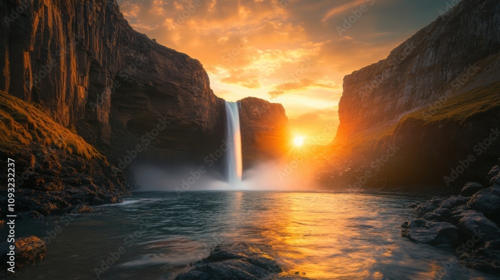 Fototapeta premium Majestic Waterfall at Sunset Surrounded by Dramatic Cliffs and Scenic Landscape in Iceland, Capturing the Beauty of Nature's Splendor and Tranquility