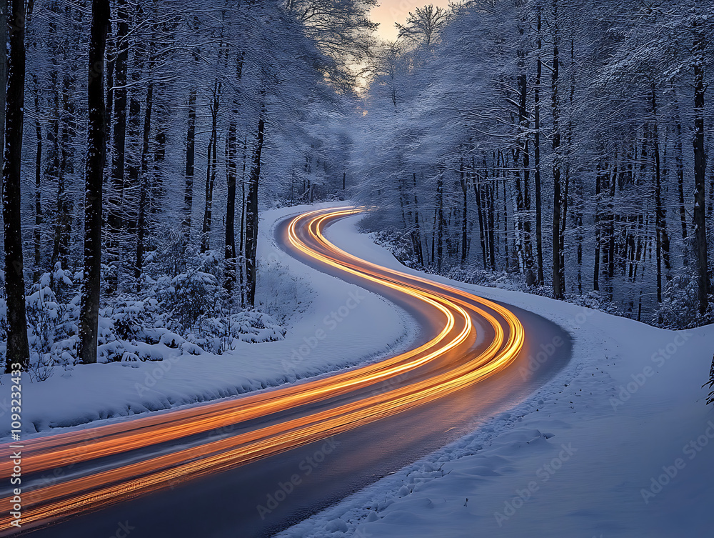 winding road through snowy forest, illuminated by car light trails, creates serene winter scene. contrast of warm lights against cold landscape evokes sense of tranquility and beauty winding road through snowy forest, illuminated by car light trails, creates serene winter scene. contrast of warm lights against cold landscape evokes sense of tranquility and beauty