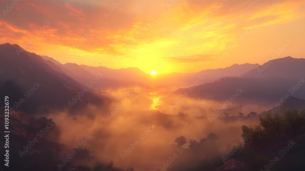 Obraz premium Serene Mountain Landscape at Sunrise with Mist Over River and Lush Greenery Illuminated by Warm Glow of Orange and Yellow Sky Creating Tranquil Nature Scene