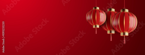  A 3D vector illustration featuring three traditional red lanterns with gold accents hanging against a matching red background, symbolizing celebration, culture, and festivity.