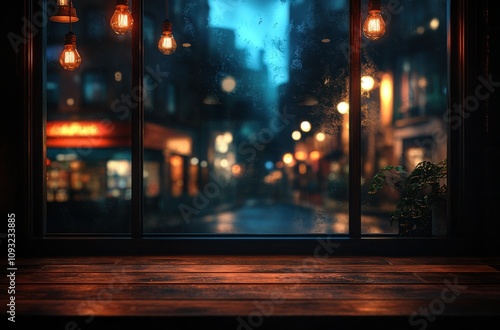 Cozy urban evening scene with rain-soaked window and warm glowing lights creating a serene, inviting atmosphere perfect for relaxation and introspection in a lively city environment.