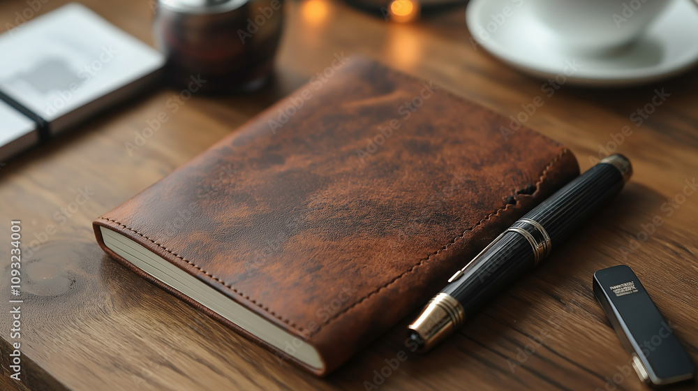 Rustic Leather Notebook and Pen: A rich brown leather notebook rests on a wooden desk next to a sophisticated pen, creating a scene of elegant simplicity and quiet contemplation. Rustic Leather Notebook and Pen: A rich brown leather notebook rests on a wooden desk next to a sophisticated pen, creating a scene of elegant simplicity and quiet contemplation.