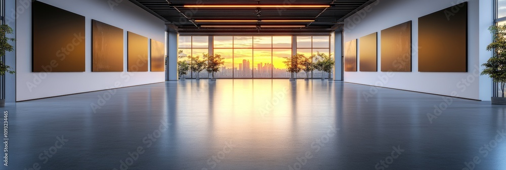 Obraz premium Modern art gallery interior with large windows showcasing a stunning sunset over the city skyline. Warm-toned abstract paintings adorn the walls, creating a serene atmosphere.