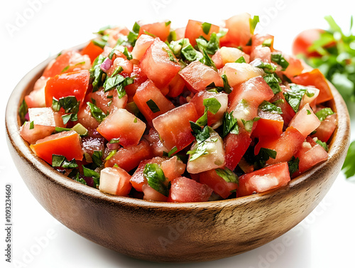 Photo Fresh Tomato Salsa, Onion, Cilantro Wooden Bowl