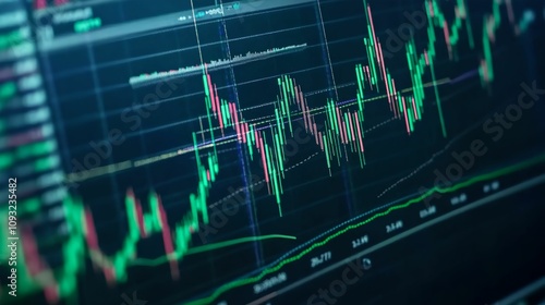 Close-Up of Candlestick Charts with Stock Price Indicators, finance, market, bars, analysis