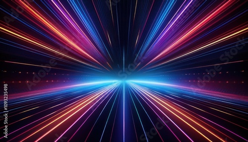 A close up of a colorful light streaks on a black background
