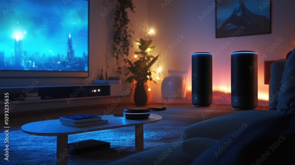 modern smart home theater setup with ambient lighting and speakers modern smart home theater setup with ambient lighting and speakers