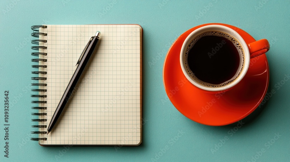 Flat Lay Scene Featuring a Notebook, Black Pen, and Coffee Cup on a Turquoise Surface Ideal for Creative and Workspace Themes Flat Lay Scene Featuring a Notebook, Black Pen, and Coffee Cup on a Turquoise Surface Ideal for Creative and Workspace Themes
