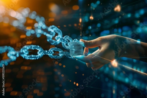 A futuristic representation of blockchain technology, showcasing interconnected nodes and digital security features. A hand placing a block on a chain symbolizing blockchain construction .