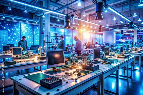 Panoramic View of FPGA Technology Innovations in a Modern Electronics Lab Featuring Circuit Boards, Engineers, and Advanced Prototyping Tools for High-Performance Computing