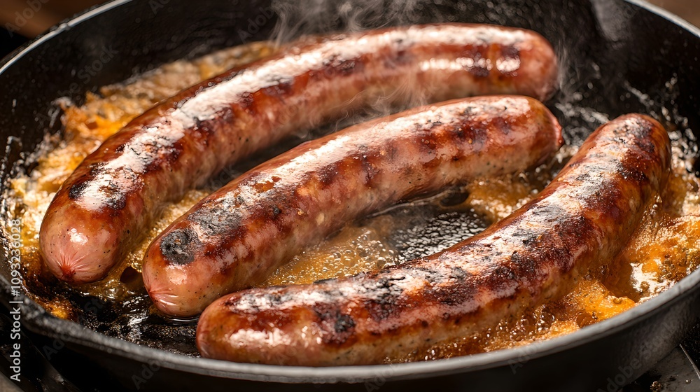 Delicious Bratwurst Cooking in a Cast-Iron Skillet, food, sausage, meal, golden-brown Delicious Bratwurst Cooking in a Cast-Iron Skillet, food, sausage, meal, golden-brown