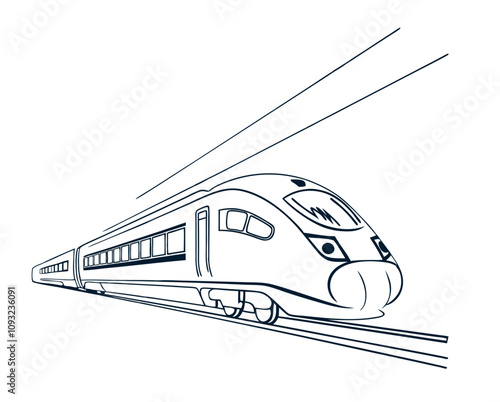 High speed train in motion. Modern high speed train silhouette, outline one line art style