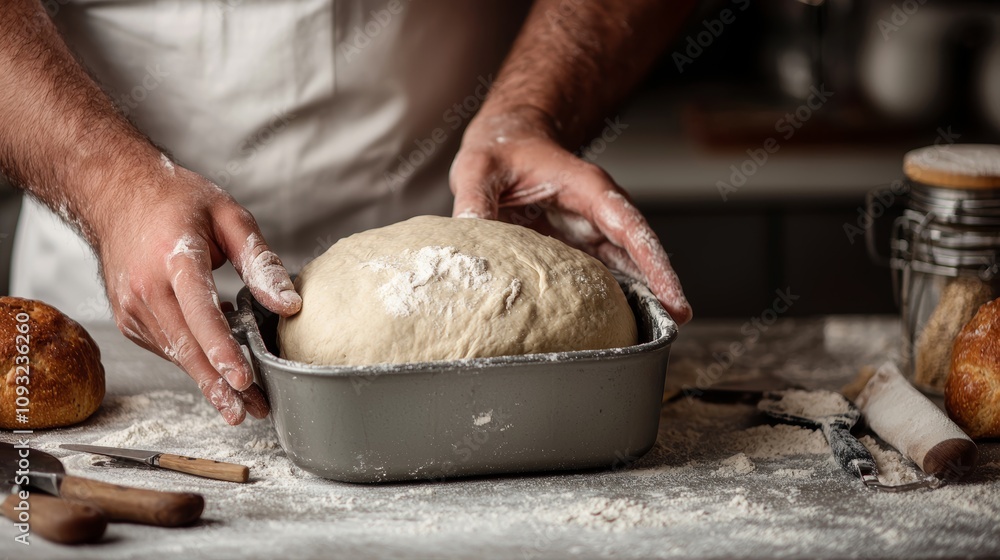 Artisan Baker Carefully Shapes Dough, Flour Dusting the Air. A symphony of baking Artisan Baker Carefully Shapes Dough, Flour Dusting the Air. A symphony of baking