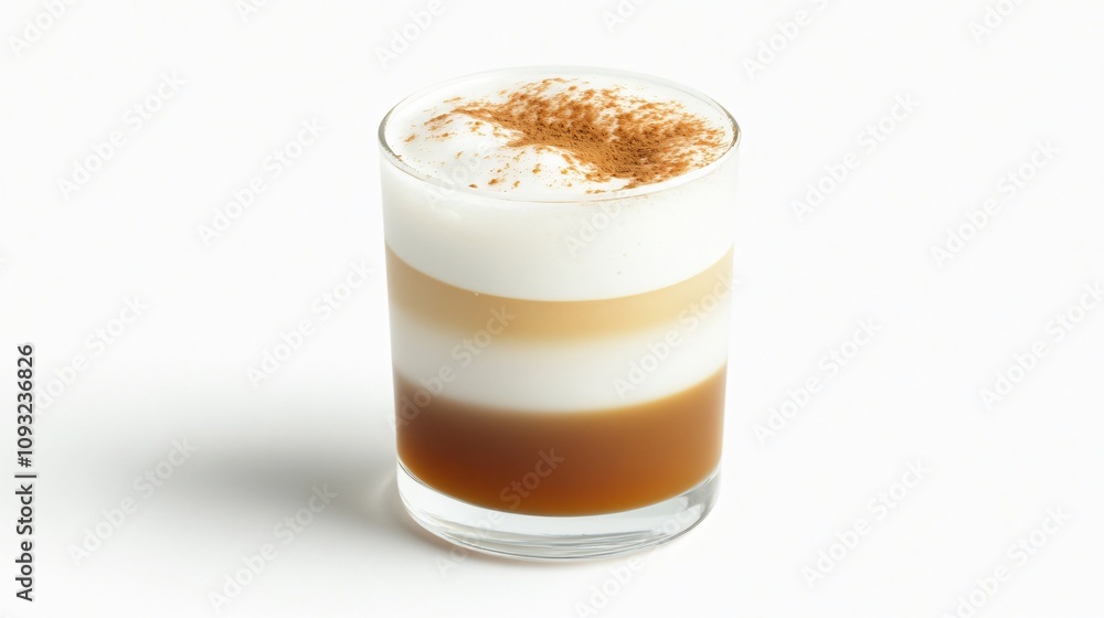 Four-Layered Coffee with Cinnamon Topping in Short Tumbler on White Background Four-Layered Coffee with Cinnamon Topping in Short Tumbler on White Background