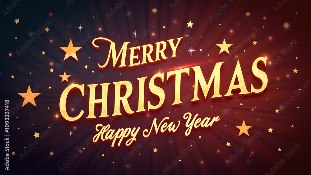 Fototapeta premium Merry Christmas and Happy New Year greeting card with golden text and stars. Holiday celebration concept.