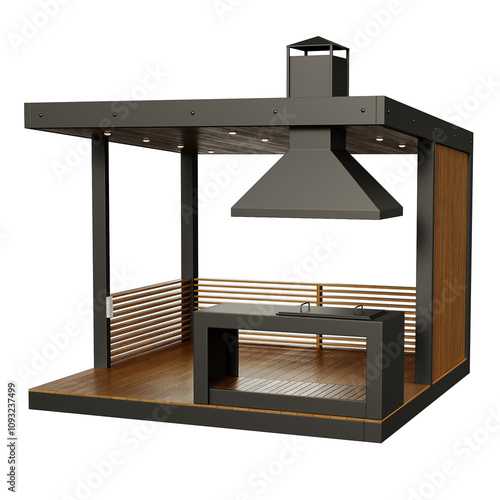 A small, black and brown structure with a grill and a hood