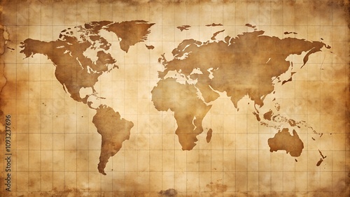 Vintage world map on aged parchment background